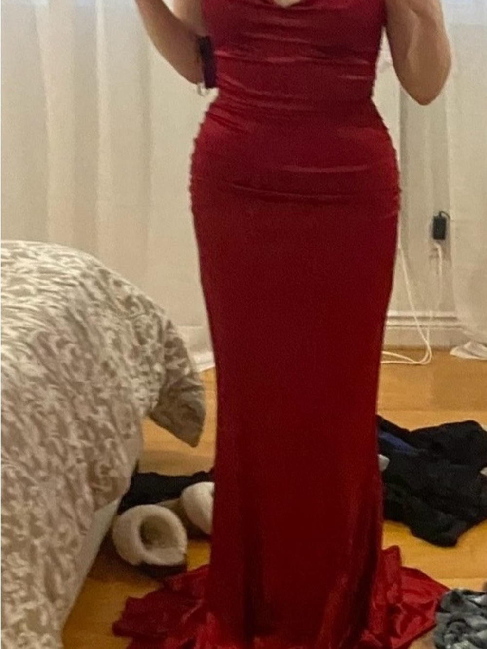 Sleek Red Ruched Evening Gown - Women